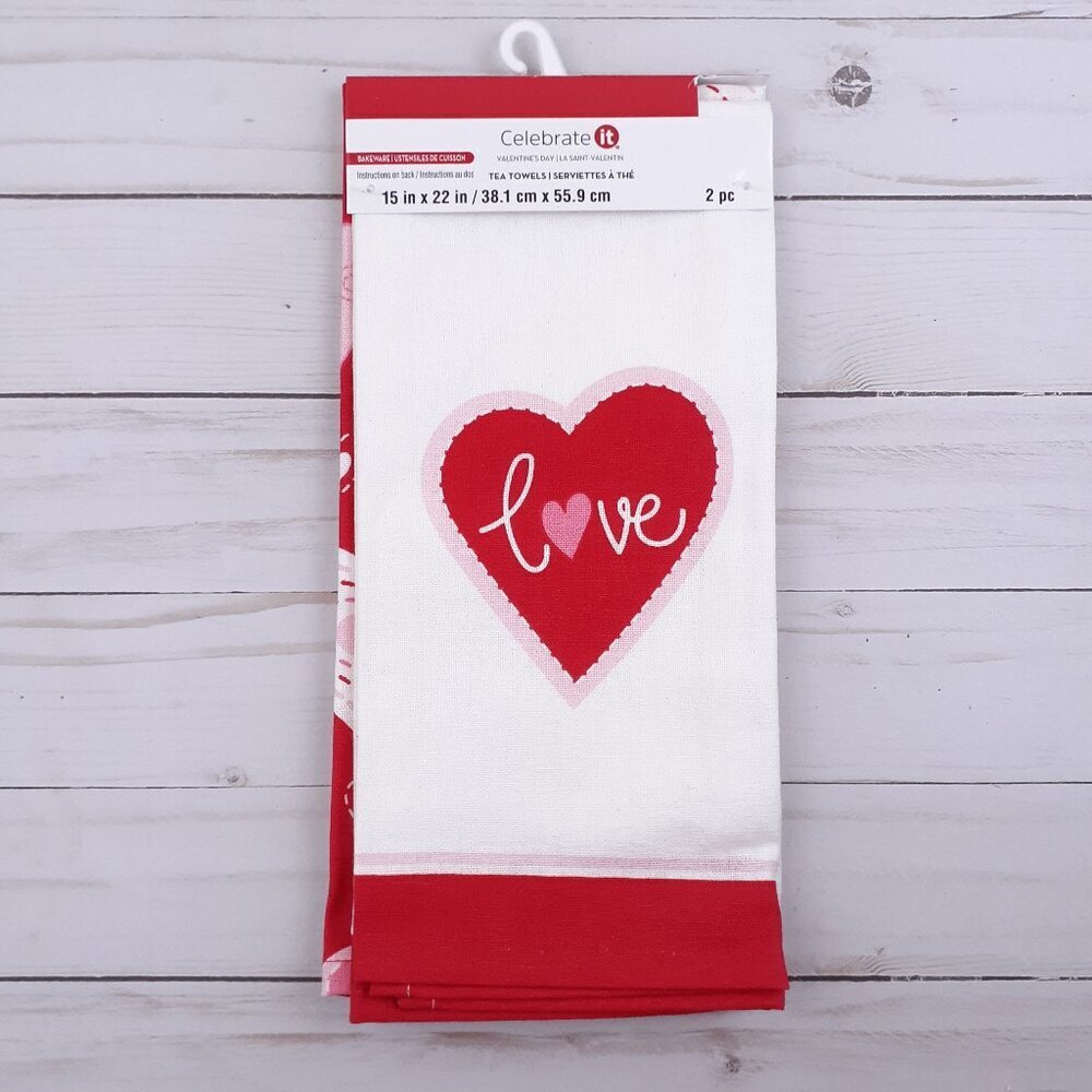 Valentines Day Kitchen Tea Towels Love Hearts Set of 2 Red